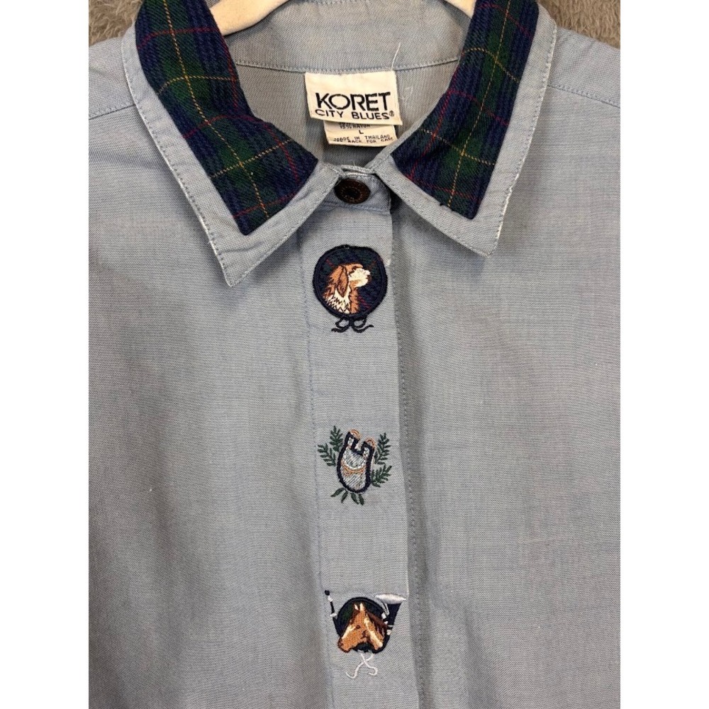Koret City Blues Womens Large Blue Plaid Collar Equestrian Dog Embroidered Shirt